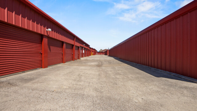 row of drive-up storage units at Storage Depot in Flower Mound, TX