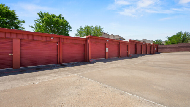 row of drive-up storage units at Storage Depot in Flower Mound, TX