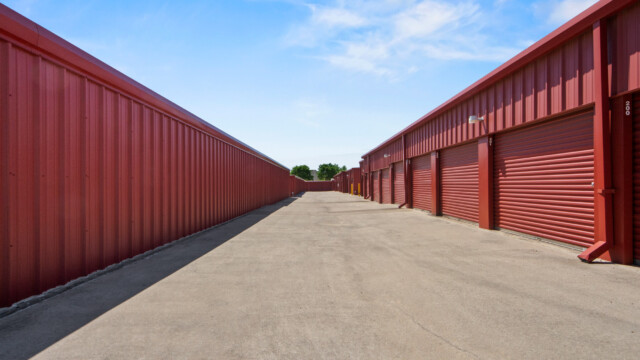 row of drive-up storage units at Storage Depot in Flower Mound, TX